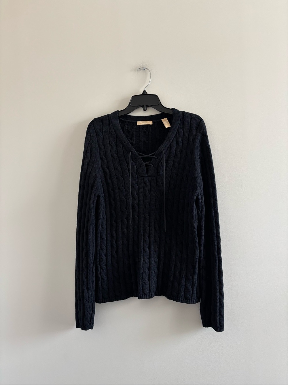 VTG Kate Hill Cable Knit Sweater Black Cotton Women L Preppy Old Money Fisherman
